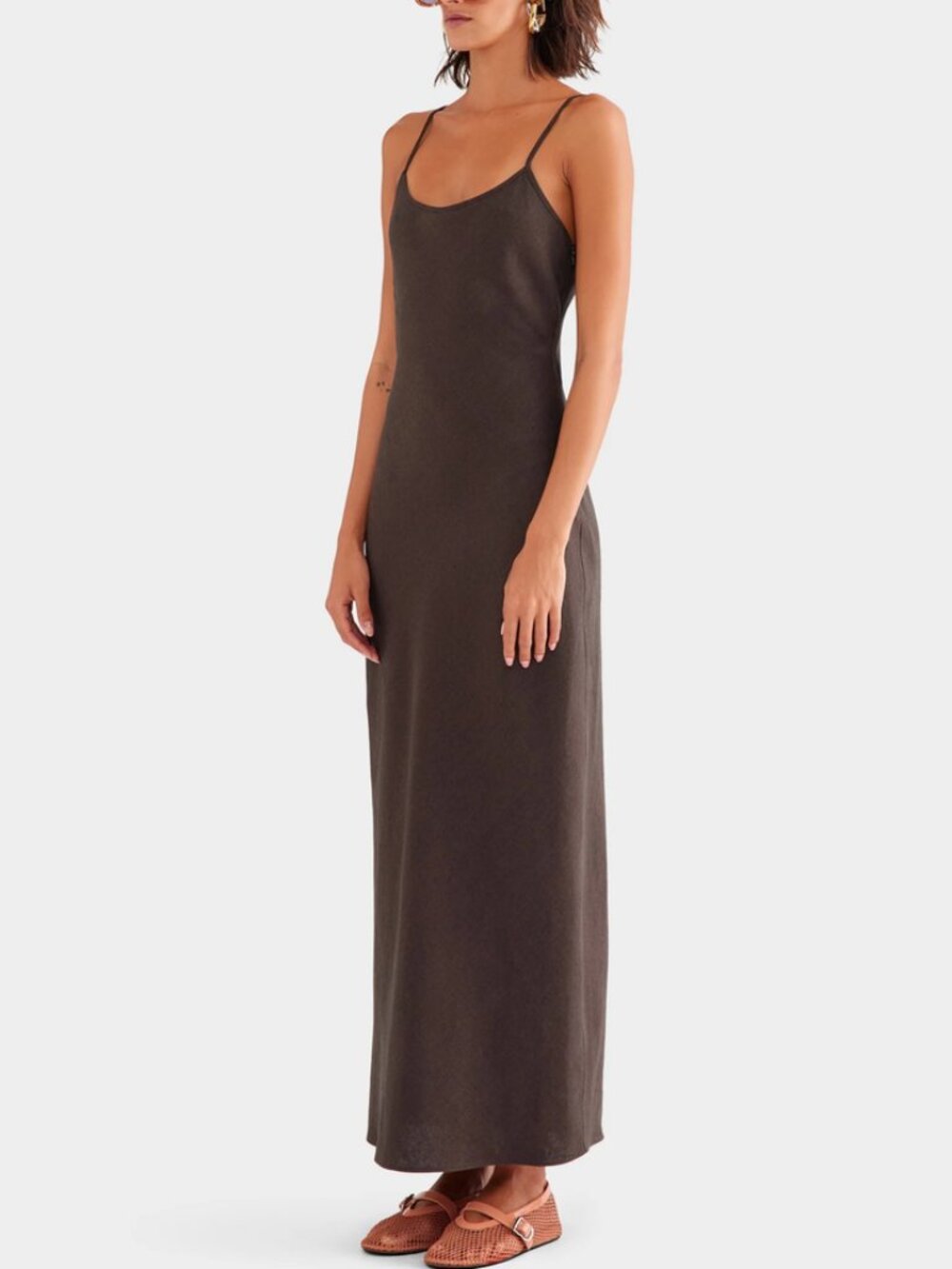BEST VENROY Linen Slip Maxi Dress - Cafe Dark Chocolate Brown Quiet Lux S/M